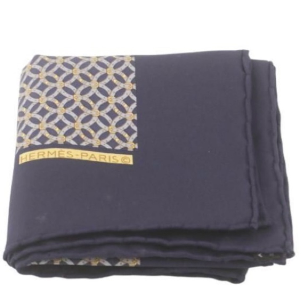 HERMES Navy Blue Patterned Silk Scarf/Neck Tie/Pocket Square